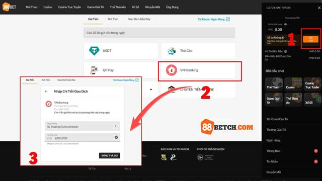 Cách gửi tiền vào 88bet với VN iBanking