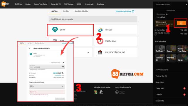 Thực hiện nạp tiền 88bet với tiền USDT